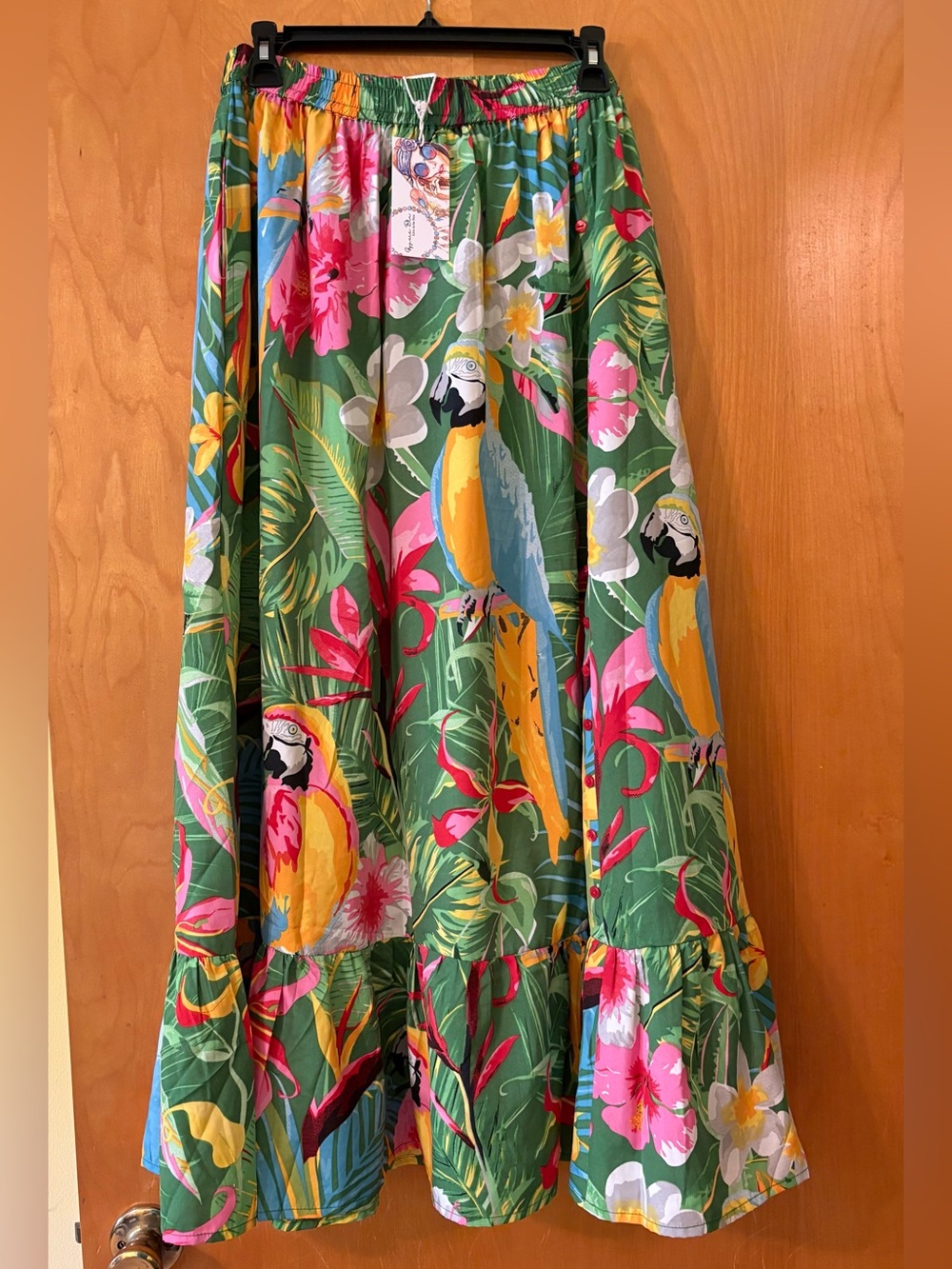 Tropical Parrot Floral Maxi Skirt - Green, Yellow, Pink